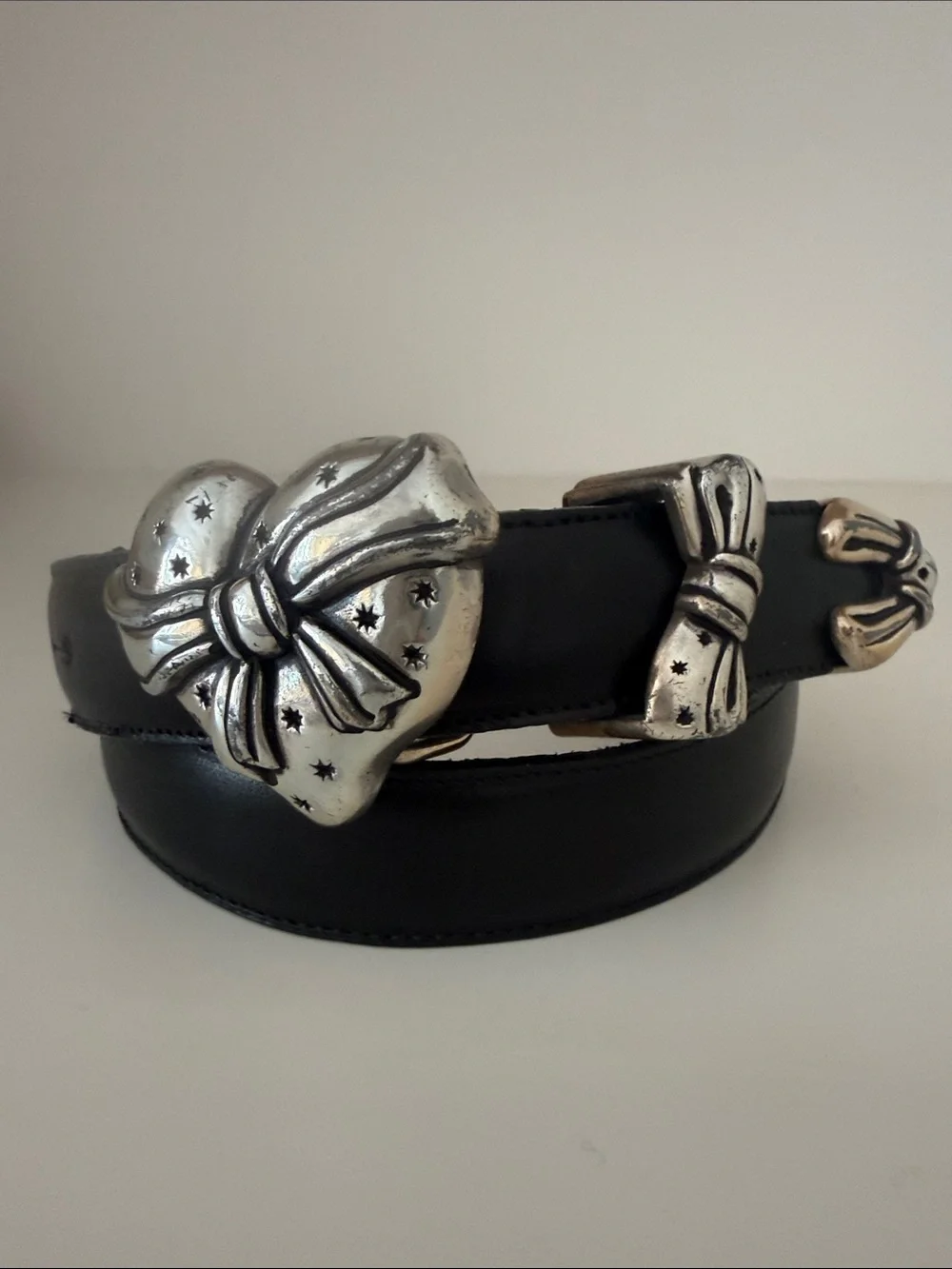 Brighton Leather Belt with Heart and Bow Buckle Black and Silver Vintage Size M